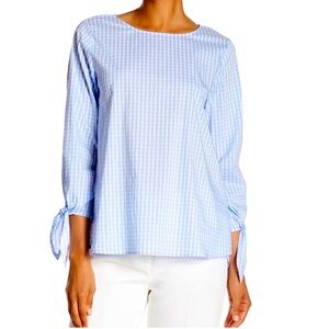 VINCE CAMUTO Gingham Check Tie Sleeve Top Blue White Xl